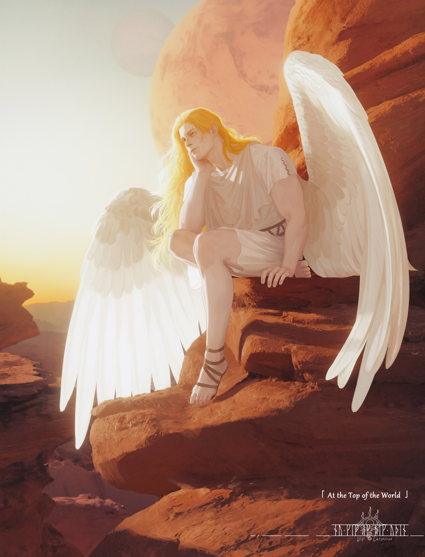 1boy, absurdres, angel_wings, artist_logo, artist_name, blonde_hair, blood_angels, brown_sandals
