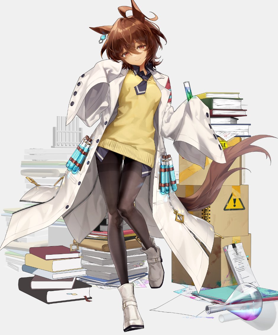 1girl, agnes_tachyon_(tach-nology)_(umamusume), agnes_tachyon_(umamusume), animal_ears, black_necktie, black_pantyhose, book, book_stack