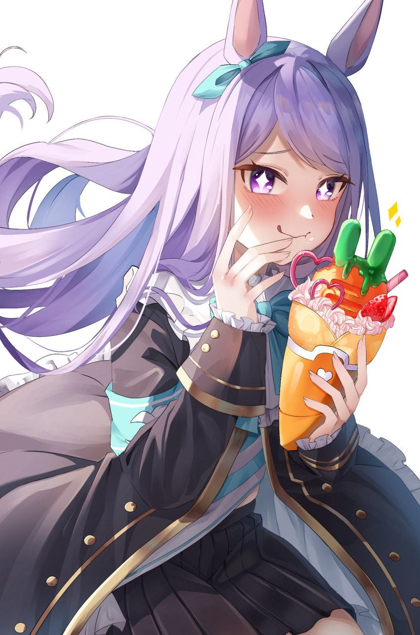 +_+, 1girl, animal_ears, aqua_bow, aqua_ribbon, black_jacket, black_skirt, blue_shirt