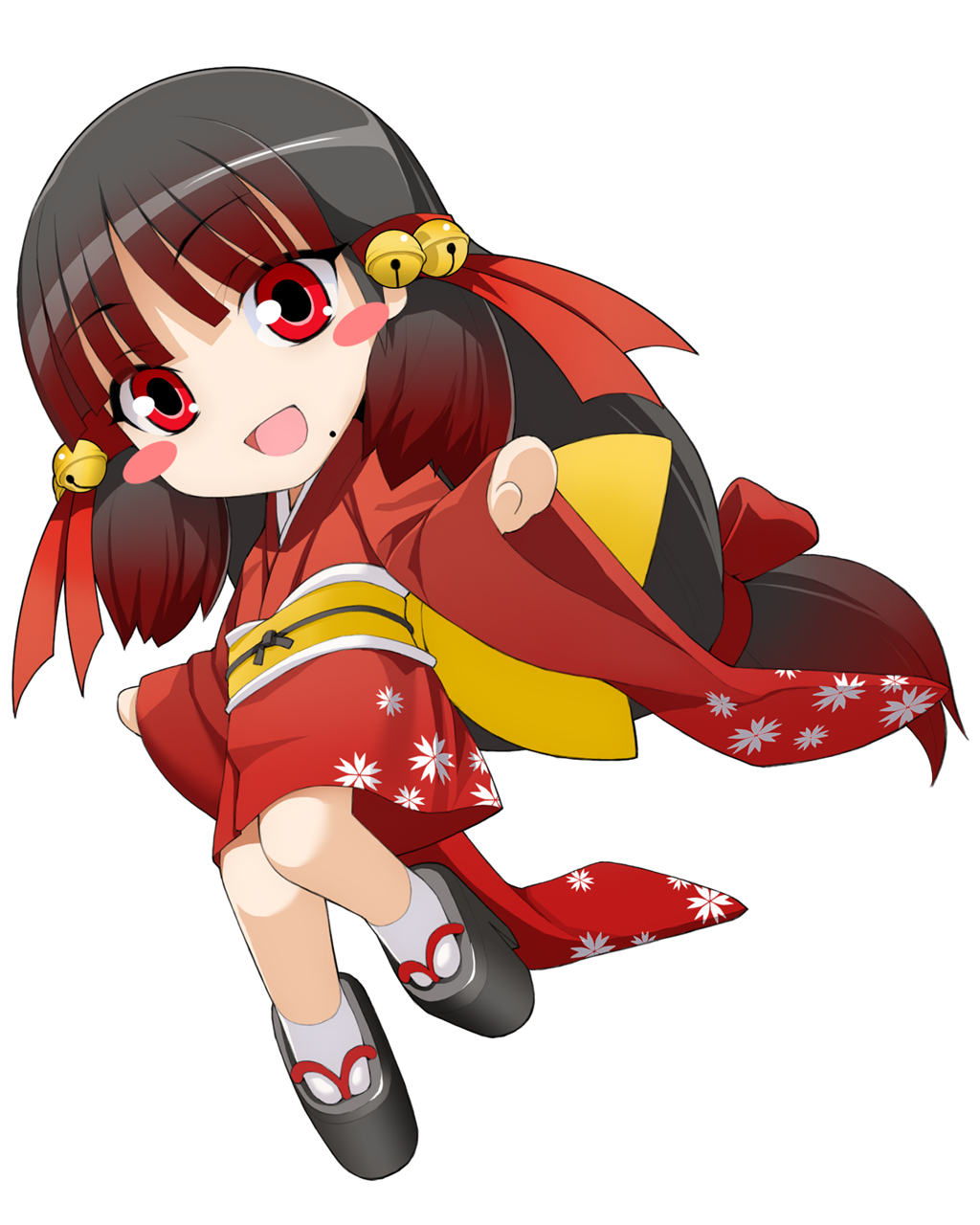alternate_form, blush_stickers, chibi, cosmic_break, footwear, gradient_hair, hair_ornament, highres, japanese_clothes, long_hair, mole, multicolored_hair, official_art, open_mouth, ouka, ouka_(cosmic_break), red_eyes, socks, solo, wakaba