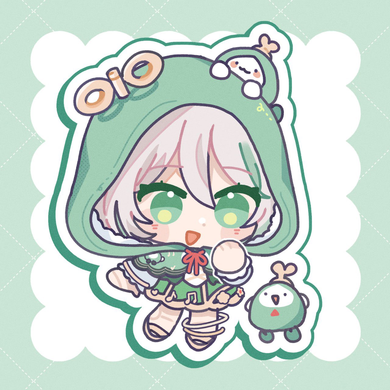 1girl, bulbaasaur, cecilia_immergreen, chibi, dress, green_background, green_dress, green_eyes