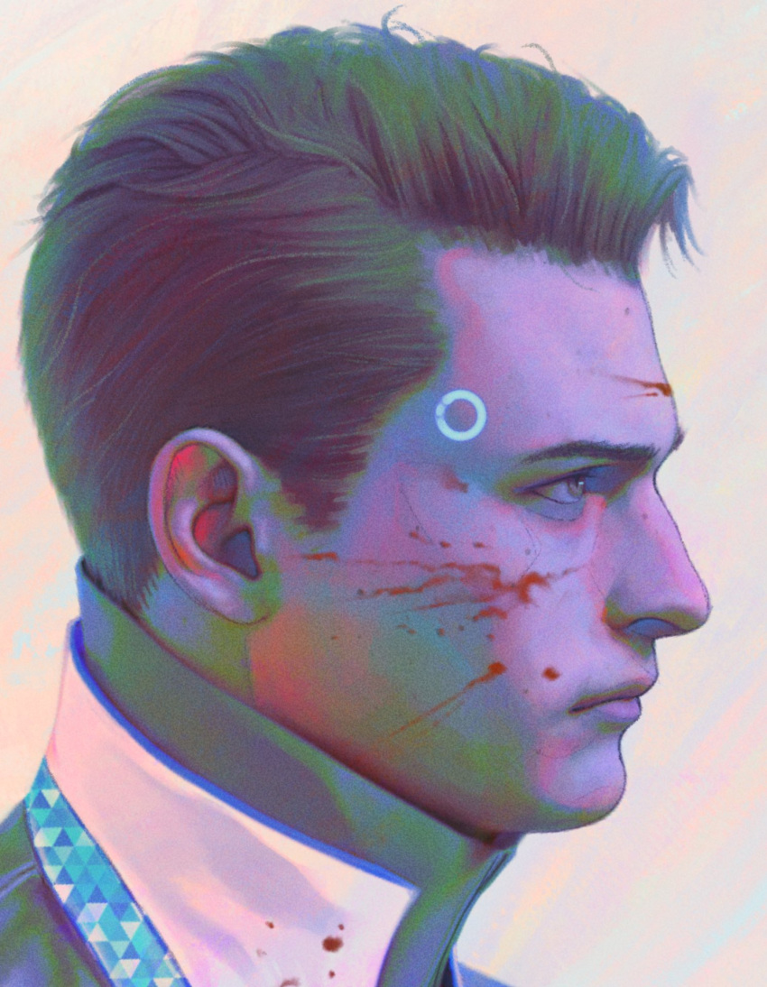 1boy, android, blood, blood_on_clothes, blood_on_face, brown_hair, closed_mouth, commentary, detroit:_become_human, english_commentary, expressionless, forehead, from_side, hair_slicked_back, highres, keined, lips, looking_ahead, male_focus, muted_color, nose, portrait, profile, realistic, rk900_(detroit), short_hair, simple_background, solo, turtleneck, very_short_hair
