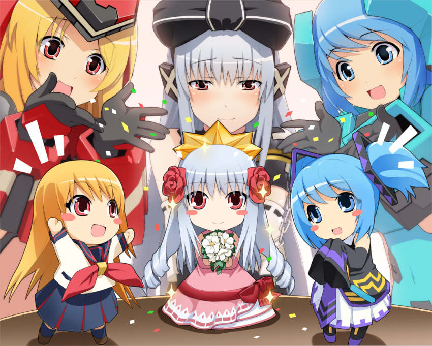 blonde_hair, blue_eyes, blue_hair, blush_stickers, chibi, confetti, cosmic_break, crimrose