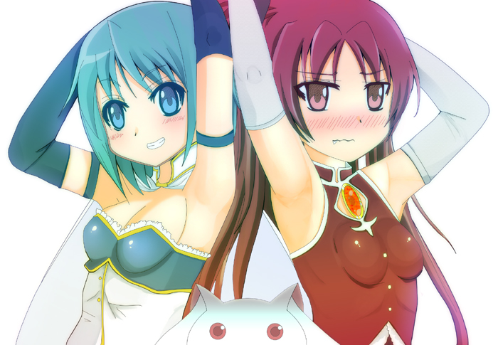 arms_up, bare_shoulders, blue_eyes, blue_hair, blush, breasts, cape, fang, kami9998, kyubey, long_hair, magical_girl, mahou_shoujo_madoka_magica, miki_sayaka, ponytail, red_eyes, red_hair, redhead, sakura_kyouko
