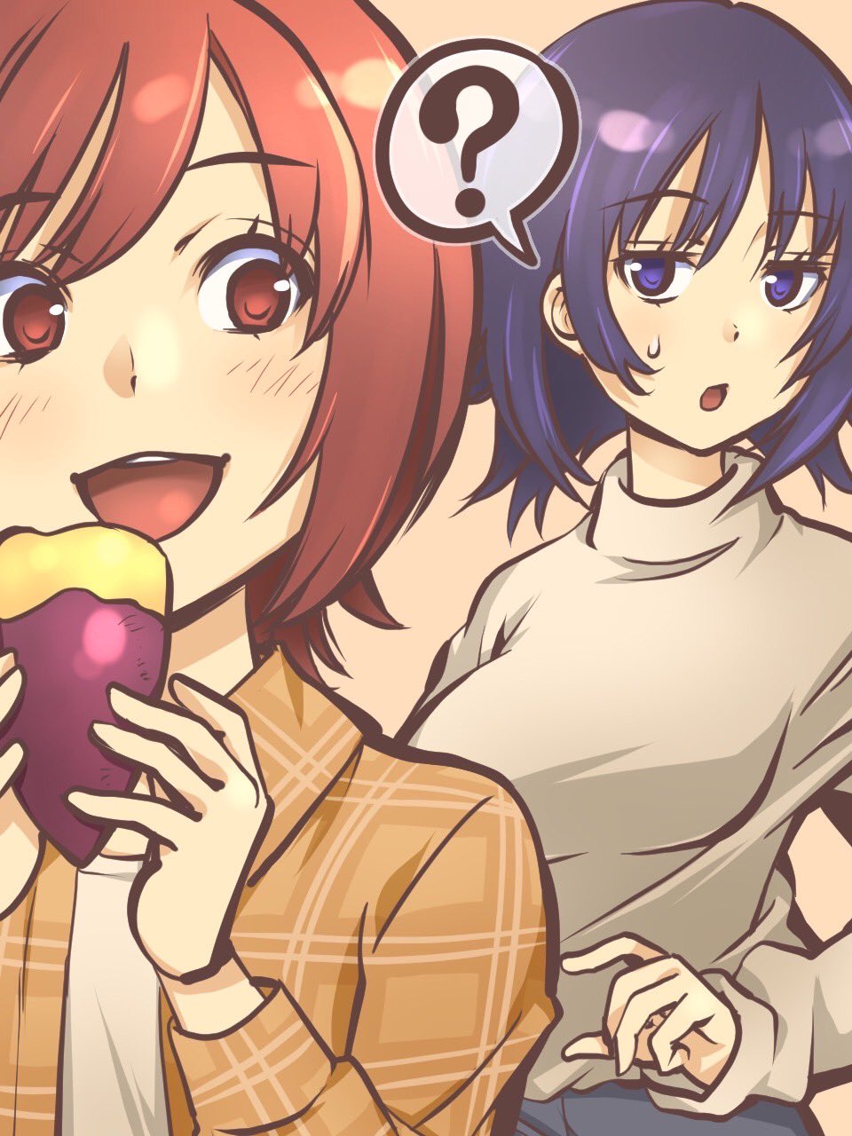 2girls, ?, atsuko_(minami-ke), blue_eyes, blue_hair, blush, breasts, brown_eyes, brown_hair, brown_shirt, food, hands_up, highres, holding, holding_food, jitome, large_breasts, long_sleeves, looking_at_another, looking_at_viewer, looking_to_the_side, maki_(minami-ke), medium_hair, minami-ke, multiple_girls, official_art, open_clothes, open_mouth, open_shirt, orange_background, plaid_clothes, plaid_shirt, roasted_sweet_potato, sakuraba_koharu, shirt, short_hair, simple_background, smile, speech_bubble, spoken_question_mark, sweatdrop, sweet_potato, teeth, turtleneck, upper_body, upper_teeth_only