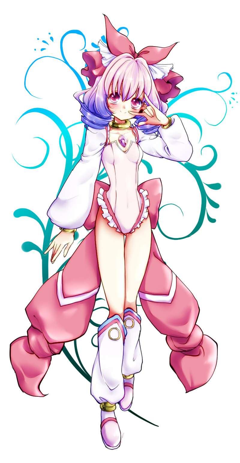 \m/, blue_hair, blush, boots, bow, choker, drill_hair, gem, gradient_hair, hair_ribbon, highres, imahia, leotard, multicolored_hair, original, pink_eyes, pink_hair, ribbon, saihia, short_hair, smile, solo