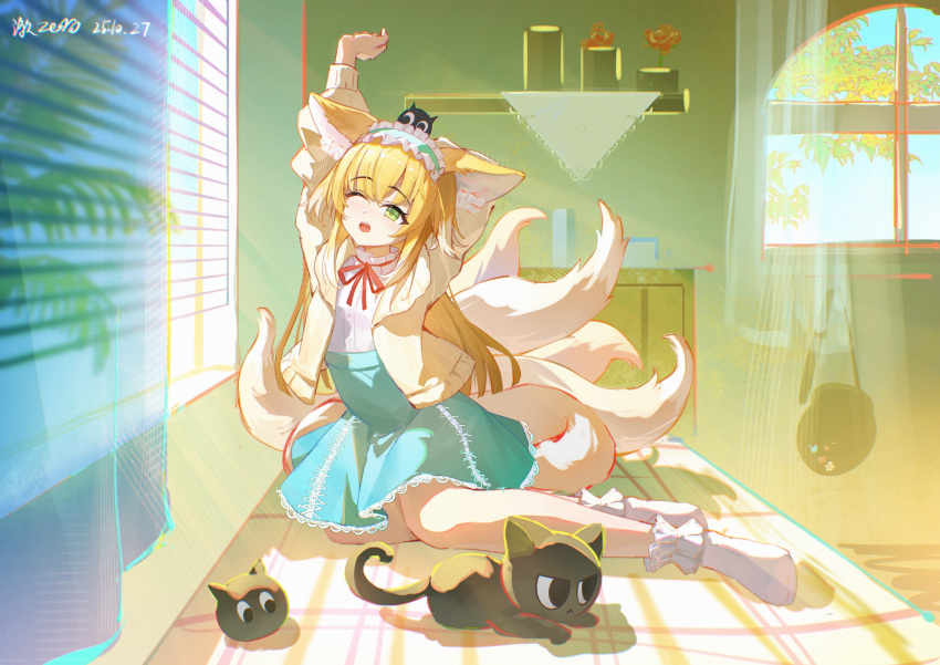 1girl, absurdres, animal_ears, arknights, black_cat, blonde_hair, cat, che_zero