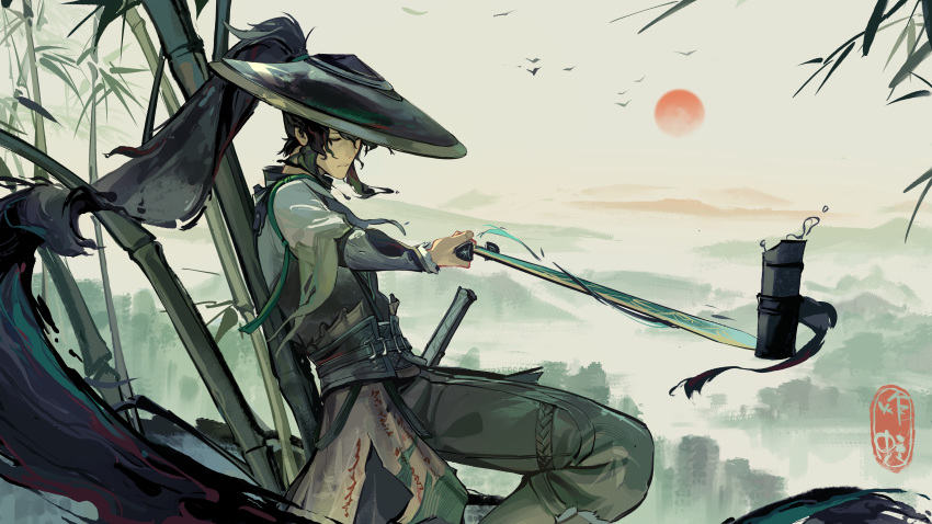1boy, absurdres, arm_armor, bamboo, black_hair, black_hat, cloak, closed_eyes, closed_mouth, commentary_request, fried_frog, grey_pants, hat, highres, holding, holding_sword, holding_weapon, leaning_back, leaning_on_object, long_hair, male_focus, pants, partial_commentary, ponytail, qiuyuan_(wuthering_waves), solo, sword, weapon, white_cloak, wuthering_waves