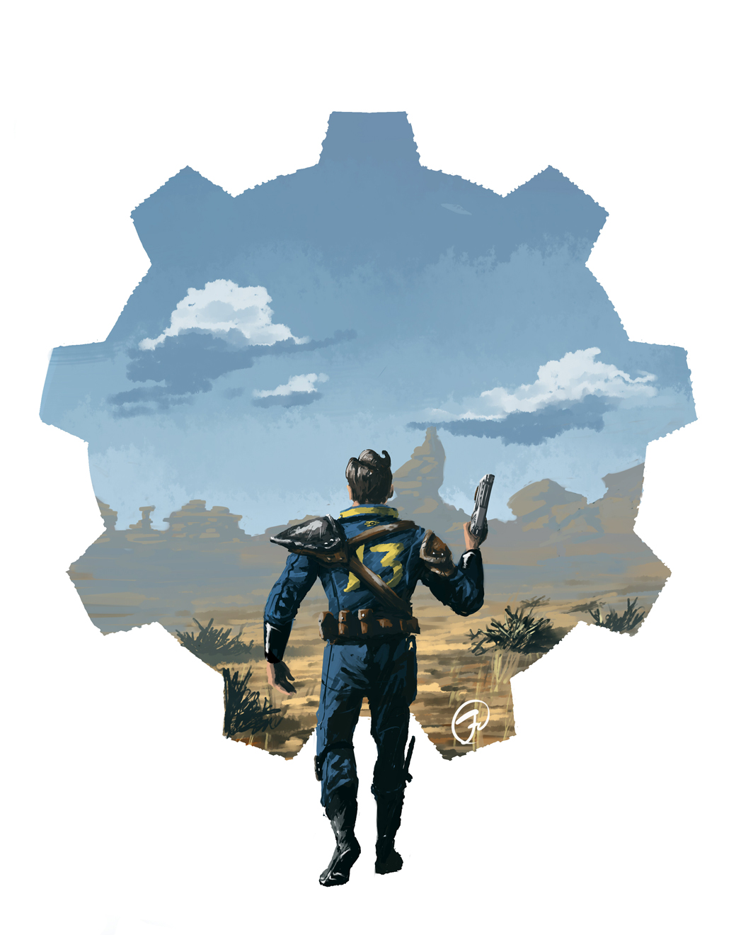 1boy, ammunition_pouch, armor, back, black_hair, blue_sky, boot_knife, clouds