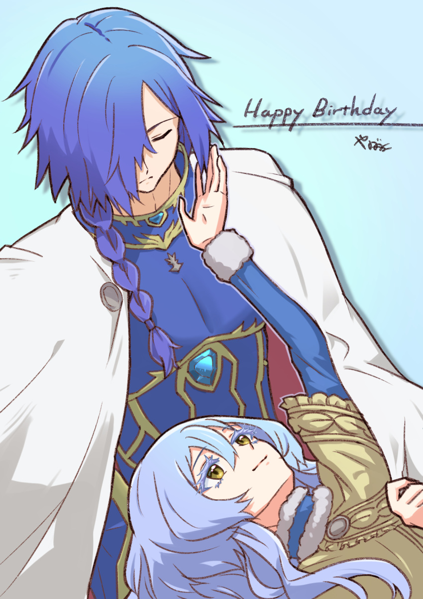 1boy, 1girl, armor, blue_armor, blue_background, blue_hair, braid, cape