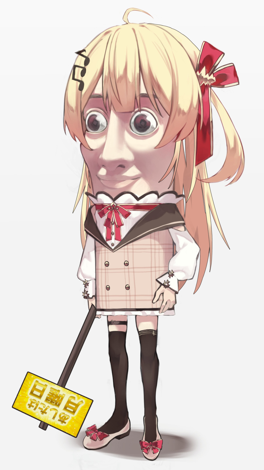 1other, absurdres, ahoge, ai-generated_art_(topic), blonde_hair, bongk, bow, brown_dress, brown_eyes, brown_thighhighs, buttons, closed_mouth, commentary, cosplay, double-breasted, double-parted_bangs, dress, hair_bow, hair_ornament, hand_on_own_hip, hashtag-only_commentary, highres, hololive, hololive_dev_is, italian_brainrot_ai_animals_(meme), looking_ahead, meme, musical_note, musical_note_hair_ornament, one_side_up, otonose_kanade, otonose_kanade_(1st_costume), otonose_kanade_(cosplay), red_bow, shirt, shoes, simple_background, standing, thigh-highs, thigh_strap, translation_request, tung_tung_tung_sahur, white_background, white_shirt, white_shoes