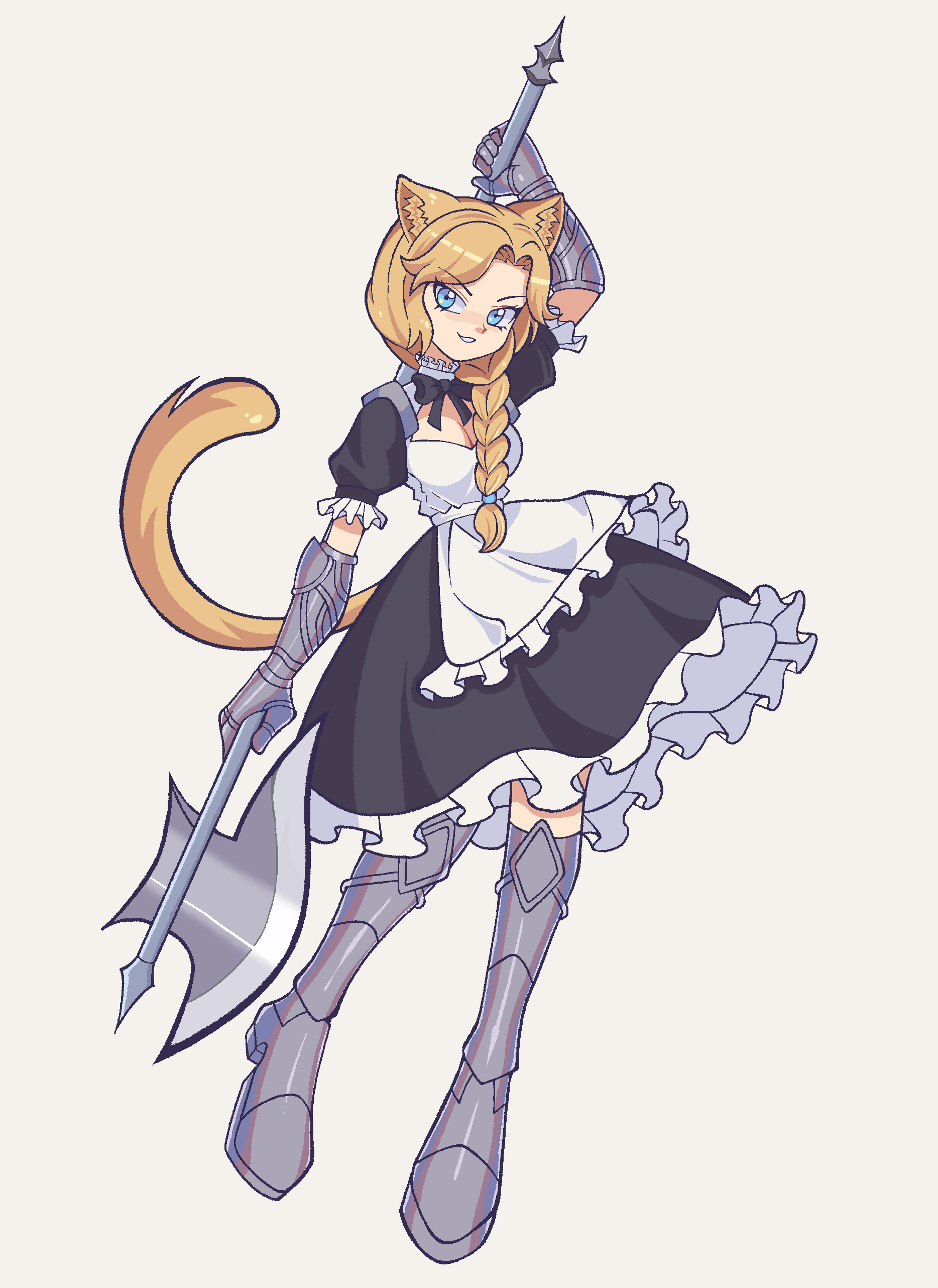 1girl, absurdres, animal_ears, apron, arm_at_side, arm_up, armor, armored_boots