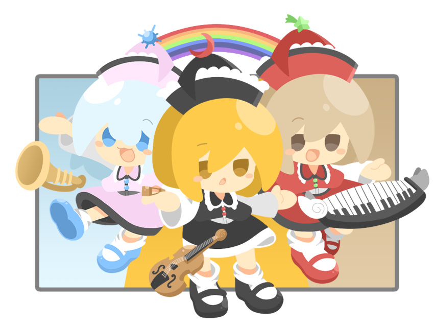 3girls, baek_ban, black_hat, black_skirt, black_vest, blonde_hair, blue_hair, blush_stickers