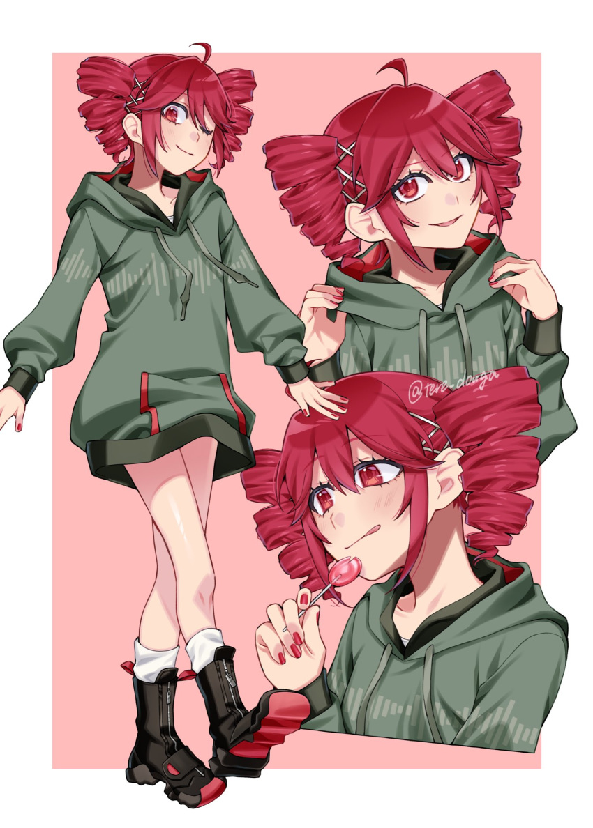 1girl, black_boots, boots, border, candy, drill_hair, food, grey_hoodie, highres, holding, holding_candy, holding_food, holding_lollipop, hood, hood_down, hoodie, kasane_teto, kasane_teto_(voicepeak), lollipop, long_sleeves, looking_at_viewer, multiple_views, nail_polish, outside_border, pink_background, red_eyes, red_hair, red_nails, socks, tere_douga, twin_drills, twintails, utau, white_border, white_socks