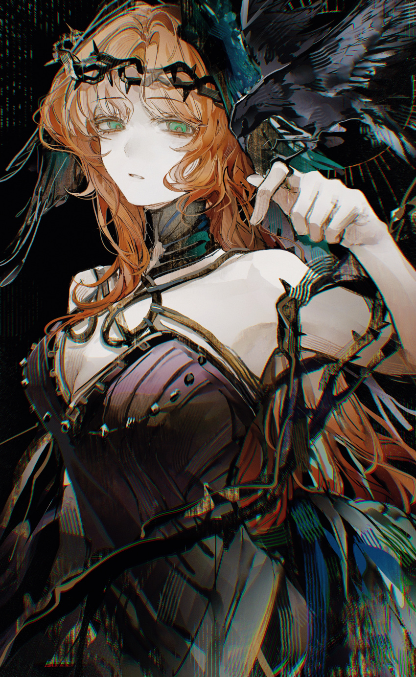 1girl, absurdres, bare_arms, bare_shoulders, bird, bird_on_hand, black_background, black_bird