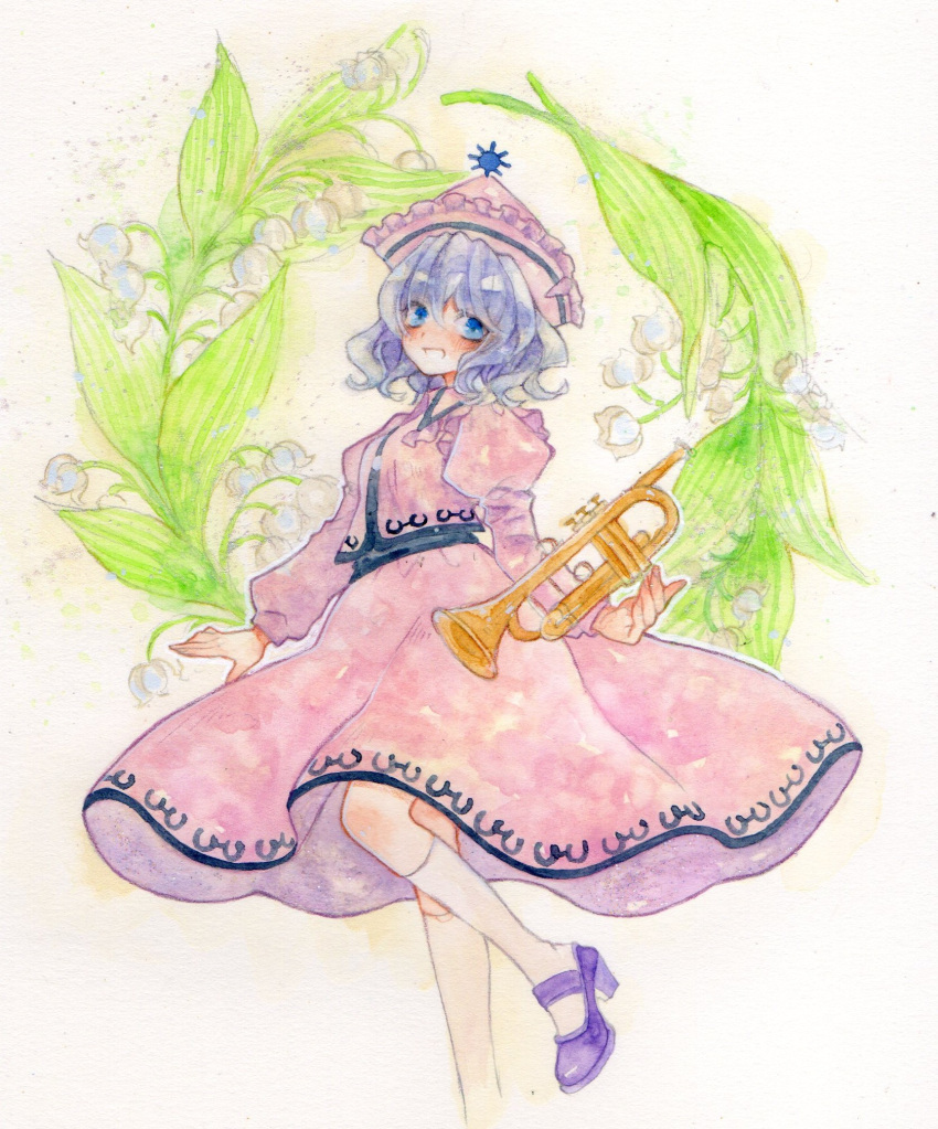1girl, blue_eyes, blush, commentary, cropped_legs, floating_instrument, floral_background, flower