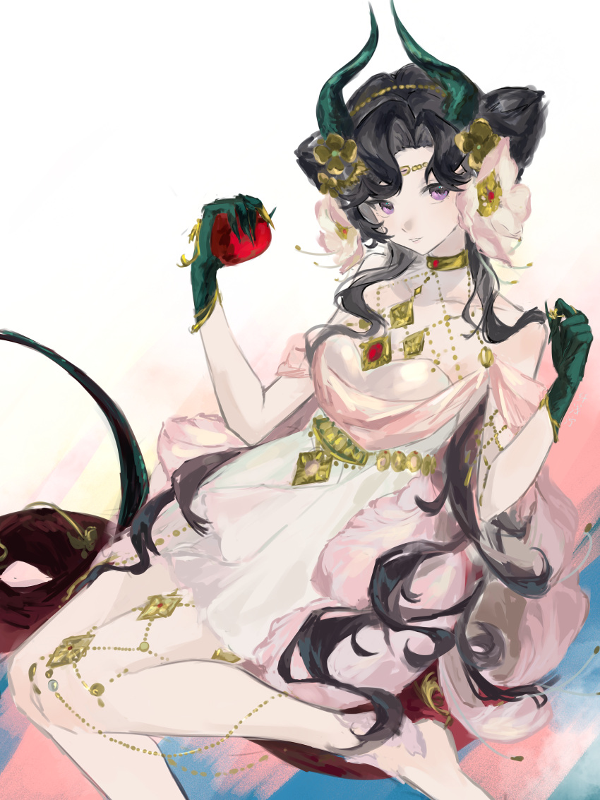 1girl, absurdres, anjo_nala, apple, bare_shoulders, barefoot, black_hair, black_horns, demon_horns, dress, flower, food, foot_out_of_frame, fruit, gloves, grey_gloves, hair_flower, hair_ornament, hands_up, highres, holding, holding_food, holding_fruit, horns, long_hair, looking_at_viewer, official_alternate_costume, reverse:1999, short_dress, sitting, sleeveless, sleeveless_dress, solo, violet_eyes, white_background, white_dress, white_flower, xianqianning