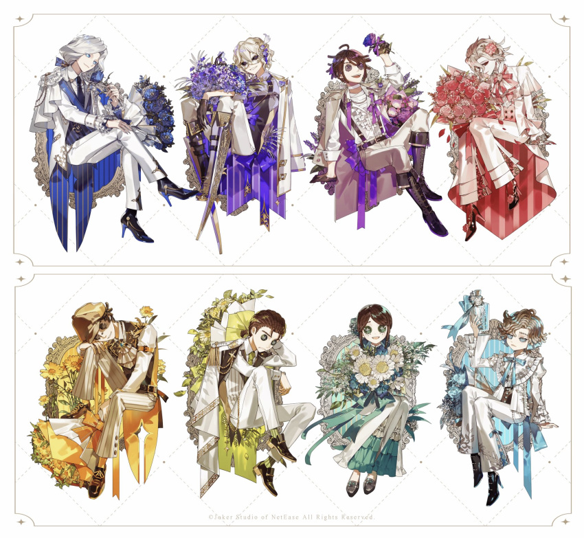 3girls, 5boys, :d, ahoge, aiguillette, androgynous, anemone_(flower), ankle_boots