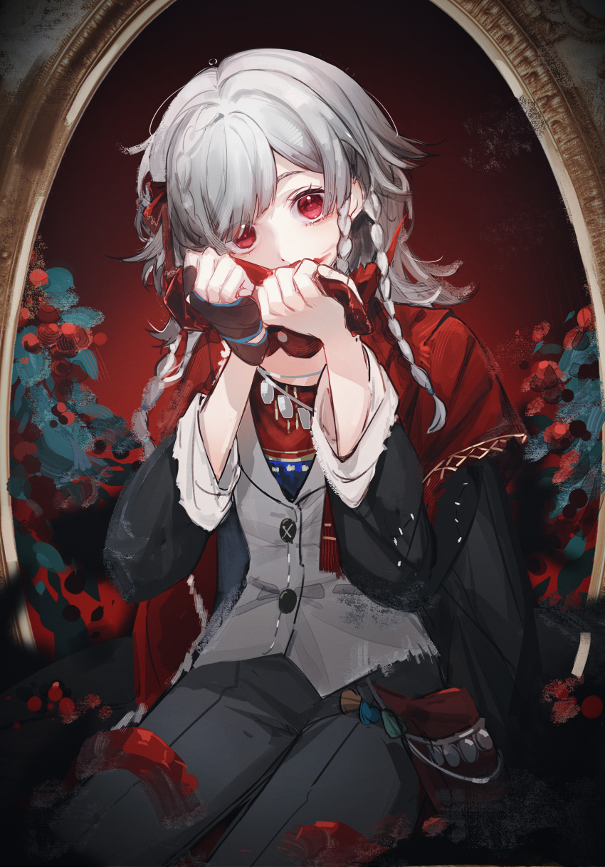 1girl, absurdres, black_coat, black_gloves, coat, covered_mouth, cowboy_shot, fingerless_gloves