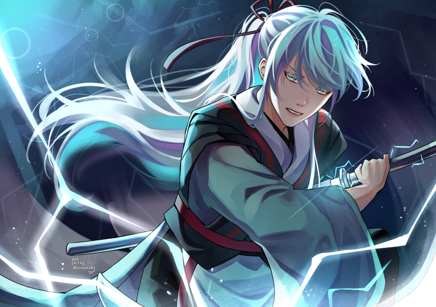 1boy, absurdres, blue_eyes, blue_hair, blue_hanbok, cowboy_shot, hair_ribbon, hanbok