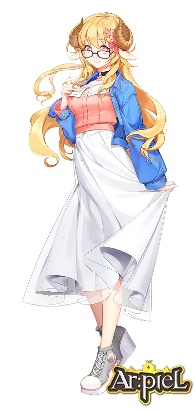 1girl, animal_ears, arpiel, blonde_hair, cecil_(arpiel), choker, glasses, horns