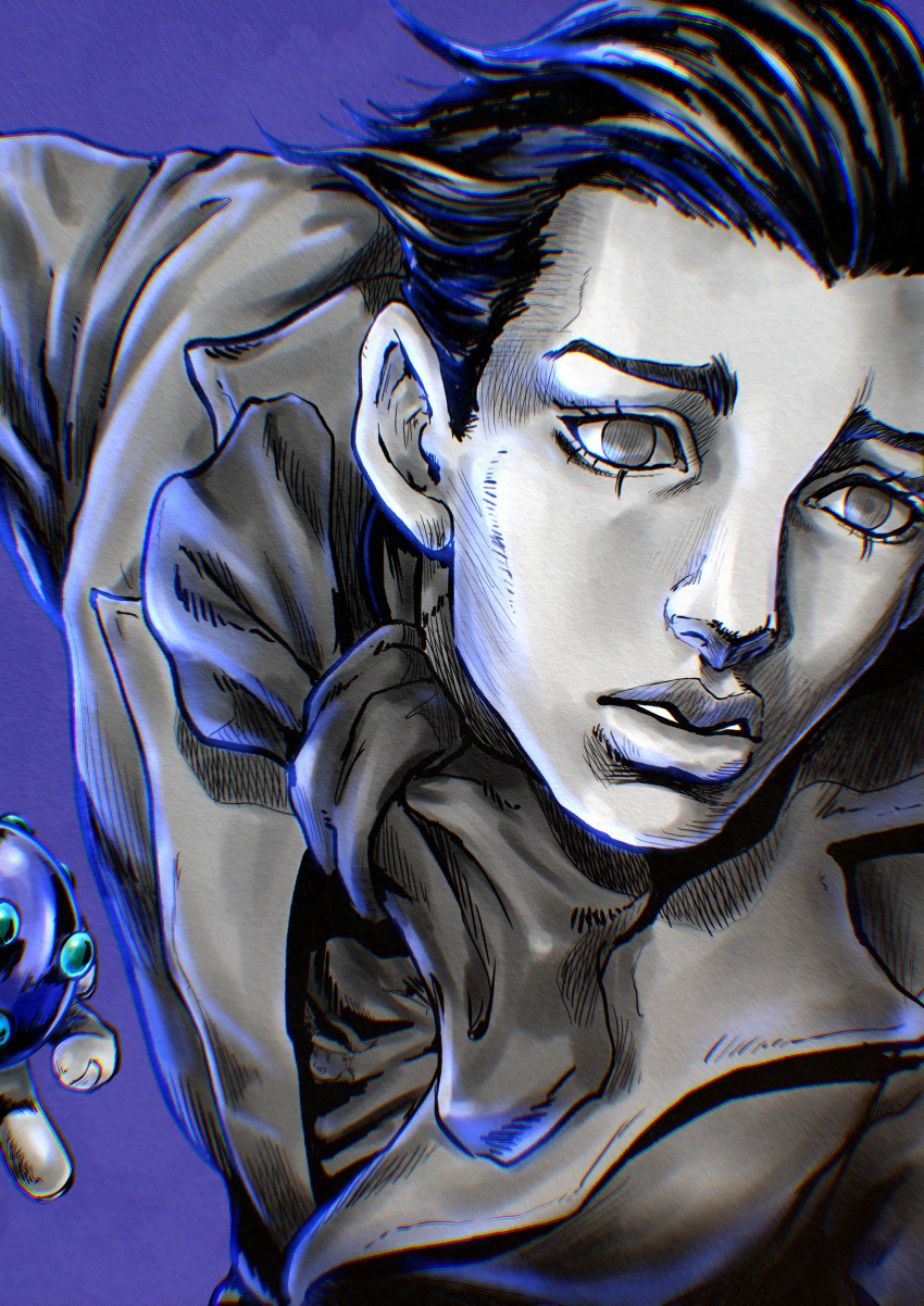 1boy, absurdres, araki_hirohiko_(style), ball, blue_background, bow, bowtie, commentary_request, greyscale_with_colored_background, hatching_(texture), highres, holding, holding_ball, jacket, jojo_no_kimyou_na_bouken, kaib0y, male_focus, parted_lips, solo, steel_ball_(jojo), steel_ball_run, suit_jacket, wekapipo's_brother-in-law