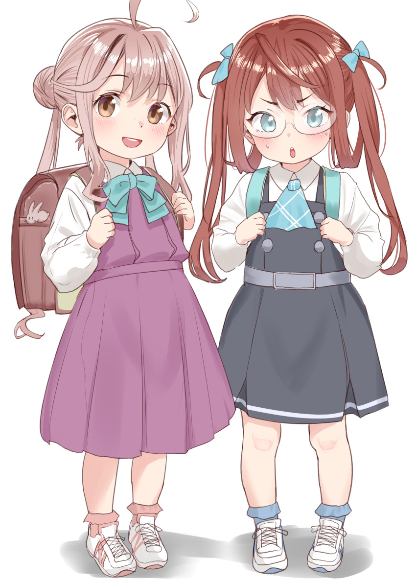 2girls, absurdres, adapted_costume, aged_down, ahoge, aqua_ascot, aqua_bow, aqua_bowtie