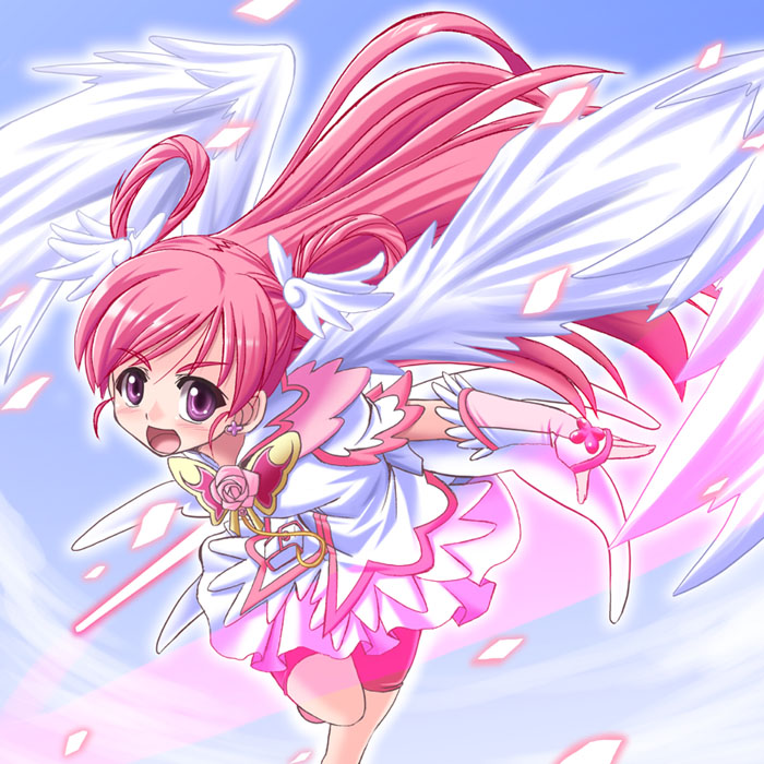 angel_wings, bike_shorts, butterfly, cure_dream, cure_fleuret, dress, energy_sword, flower, gloves, hair_rings, lightsaber, long_hair, magical_girl, open_mouth, pink_hair, pink_rose, precure, purple_eyes, rose, running, shining_dream, shorts_under_skirt, solo, sword, tongpoo, tonpuu, violet_eyes, weapon, wings, yes!_precure_5, yumehara_nozomi