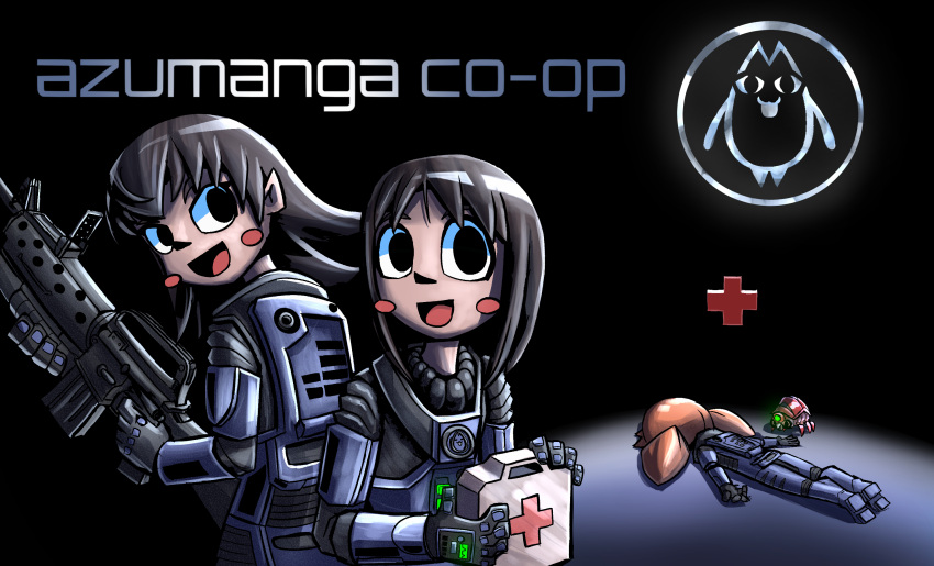 3girls, armor, assault_rifle, azumanga_daioh, black_hair, blue_armor, blush, brown_hair, copyright_name, cosplay, crossover, derivative_work, first_aid_kit, gun, half-life_(series), half-life_1, hev_suit, highres, holding, holding_gun, holding_weapon, kasuga_ayumu, m16, m16a1, m203, mihama_chiyo, multiple_girls, power_armor, rifle, screenshot_redraw, snark, srherbii, takino_tomo, twintails, underbarrel_grenade_launcher, video_game, weapon