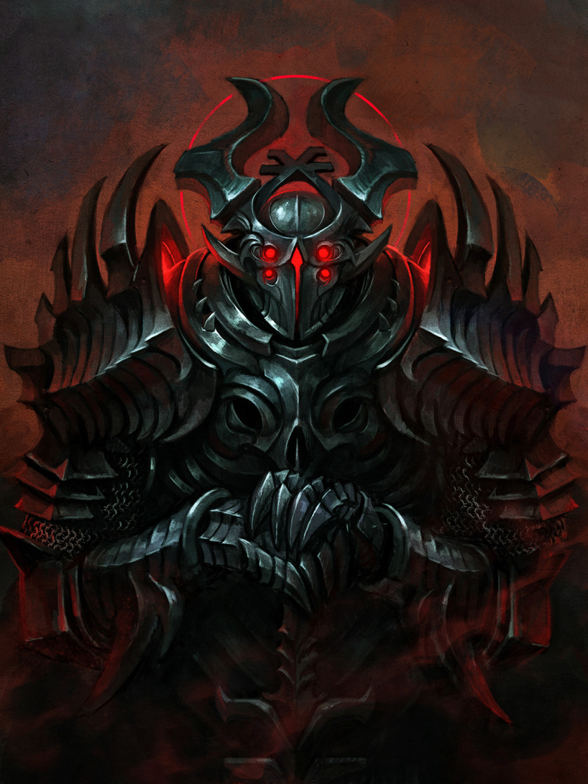 1boy, armor, black_armor, breastplate, chaos_(warhammer), demon_horns, divine_being, fantasy