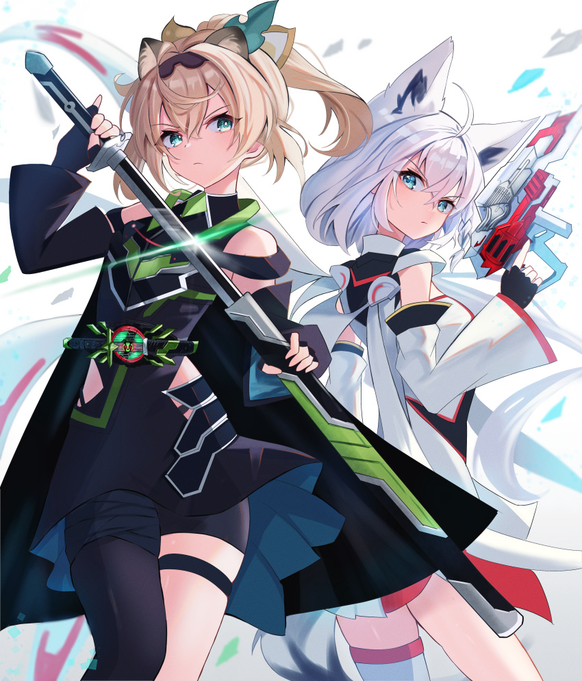 2girls, absurdres, alternate_costume, animal_ears, bare_shoulders, black_dress, black_sleeves, blonde_hair