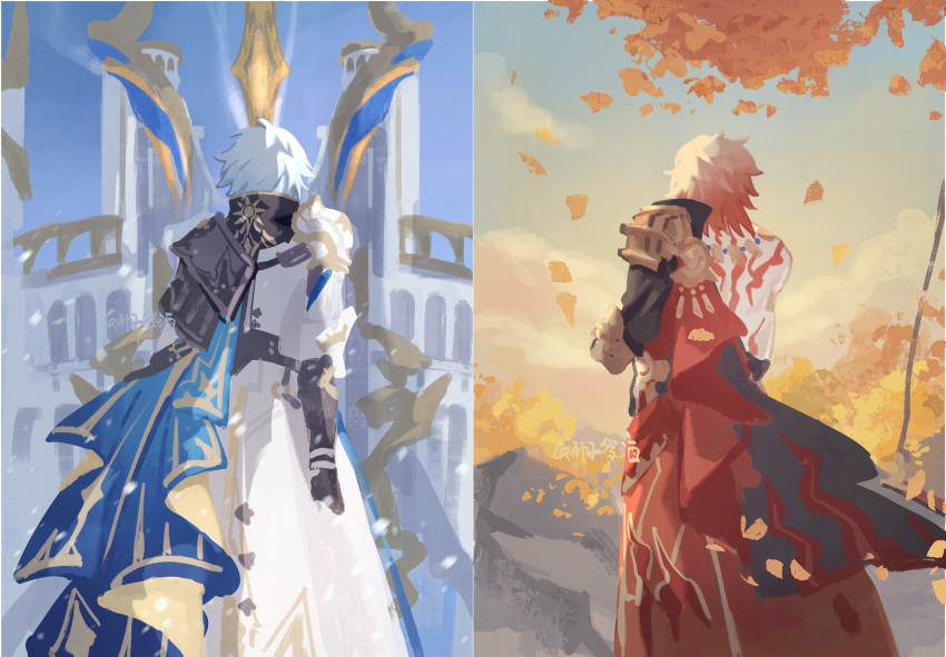 2boys, absurdres, antenna_hair, arm_tattoo, armlet, armor, back_tattoo, black_coat