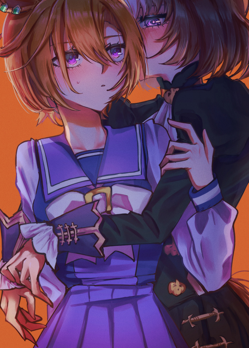 2girls, absurdres, ascot, black_shirt, blush, brown_hair, highres, hug