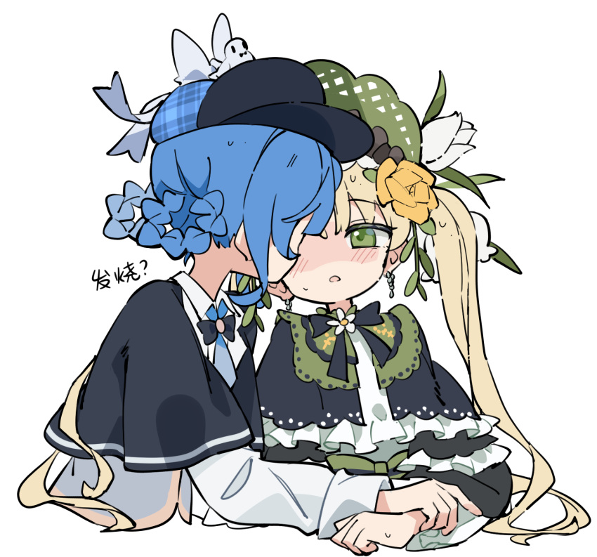 2girls, 33puruspa, black_capelet, black_hat, blonde_hair, blue_hair, blush, braid