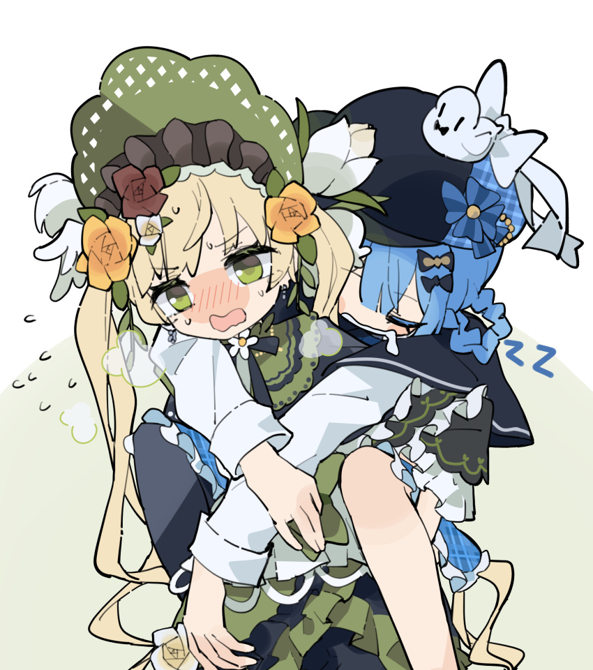 2girls, 33puruspa, black_capelet, black_hat, blonde_hair, blue_hair, blush, braid