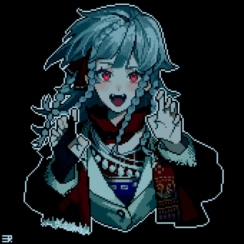 1girl, :d, ajinasi_nori, black_background, black_coat, claw_pose, coat, fangs, fingerless_gloves, gloves, grey_hair, hands_up, highres, jacket, jewelry, long_hair, necklace, open_mouth, pixel_art, quad_braids, red_eyes, reverse:1999, rubuska, single_glove, smile, solo, upper_body, white_jacket