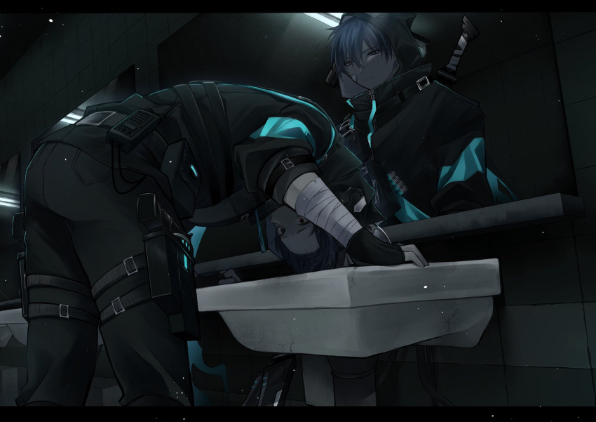 2boys, bandaged_arm, bandages, bathroom, belt, black_gloves, black_jacket, black_pants