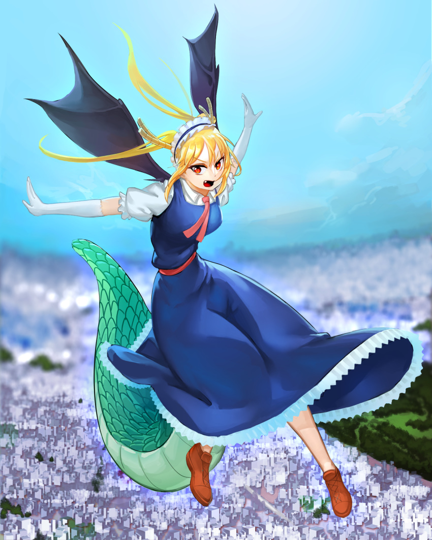 1girl, blonde_hair, blue_dress, bmg, breasts, brown_shoes, cityscape, commentary