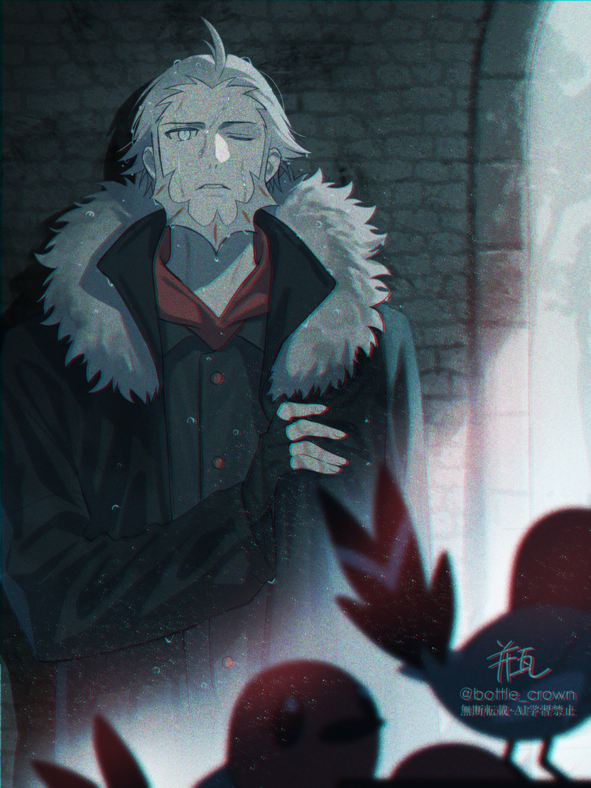 1boy, beard, bin_(bottle_crown), bird, black_coat, black_vest, blue_eyes, coat