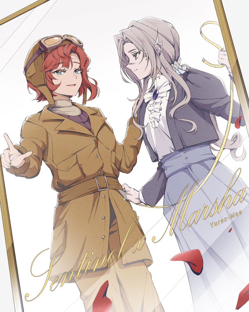 2girls, :d, alternate_costume, aviator_cap, black_jacket, blue_eyes, blue_skirt, brown_hat