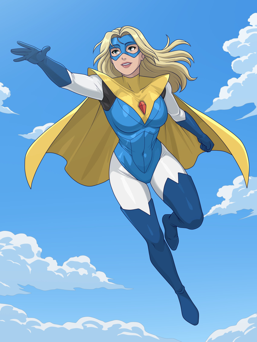 absurdres, blonde_blazer, blonde_hair, blue_boots, blue_eyes, blue_gloves, blue_leotard, blue_mask
