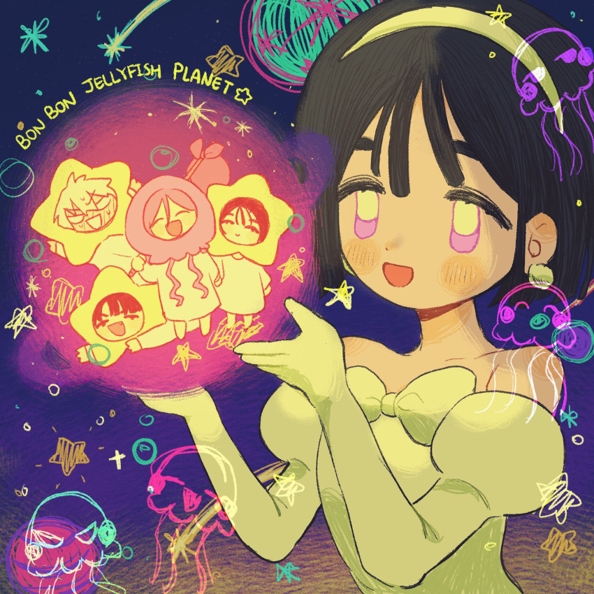 2boys, 2girls, alien_stage, bindle, black_hair, coldmeow, commentary, dress