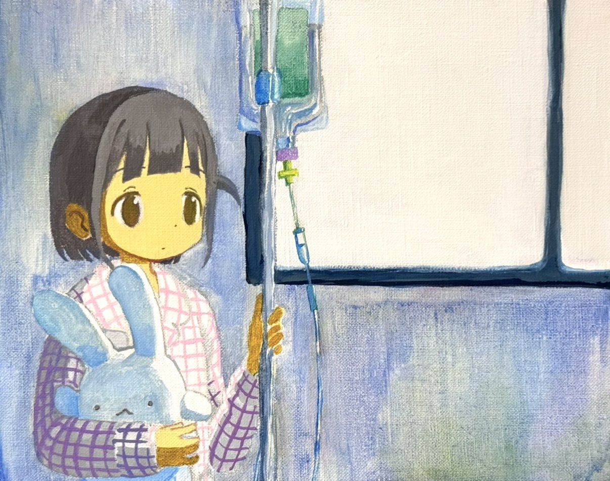1girl, brown_eyes, brown_hair, chawanwan, holding, holding_stuffed_toy, intravenous_drip, one_side_up, original, plaid_clothes, plaid_shirt, shirt, solo, stuffed_animal, stuffed_rabbit, stuffed_toy, tareme, upper_body, window