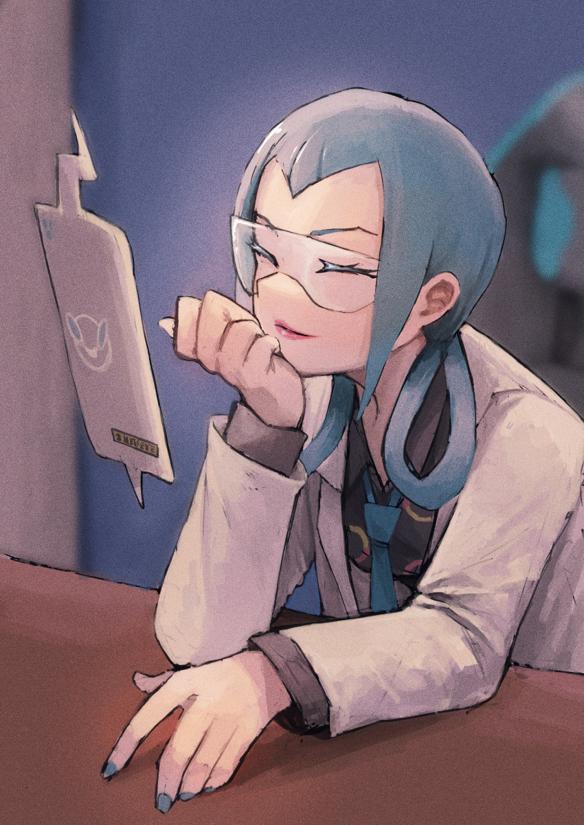 1girl, absurdres, blue_hair, blue_nails, blue_necktie, closed_eyes, closed_mouth, coat