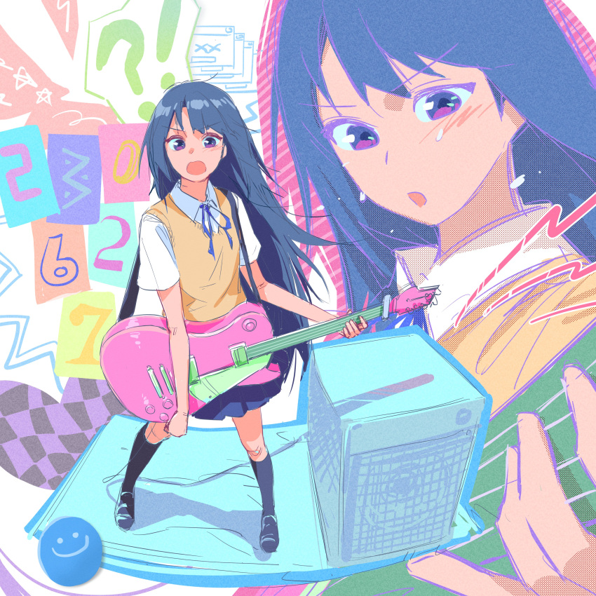 !?, 1girl, :o, absurdres, amplifier, black_shoes, black_socks, blue_hair