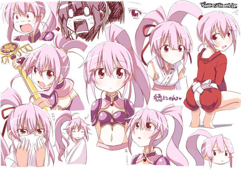 expressions, hair_ribbon, kitahara_tomoe_(kitahara_koubou), messy_hair, midriff, pink_hair, ponytail, purple_eyes