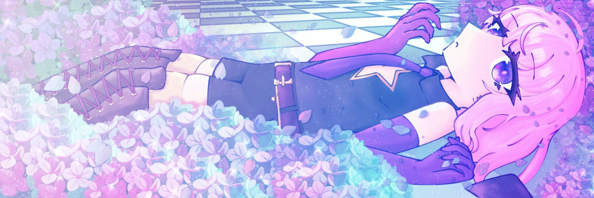 1other, ahoge, asymmetrical_gloves, belt, black_shorts, black_tank_top, blue_eyes, boots