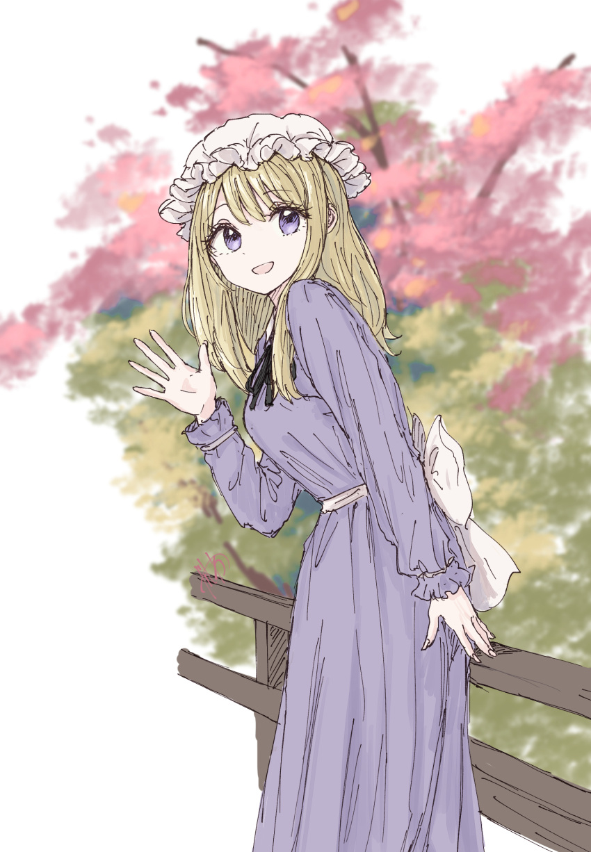 1girl, back_bow, blonde_hair, blurry, blurry_background, bow, check_background, cherry_tree