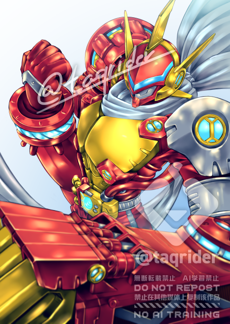 1boy, armor, belt, blue_eyes, cowboy_shot, digimon, digimon_(creature), helmet, justimon, justimon_x-antibody, male_focus, mechanical_arms, red_armor, red_helmet, scarf, simple_background, solo, takurai_(taqrider), watermark, white_background, white_scarf