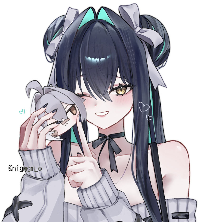 1girl, ahoge, aqua_hair, bandaid, bandaid_on_face, bandaid_on_nose, black_choker, black_hair